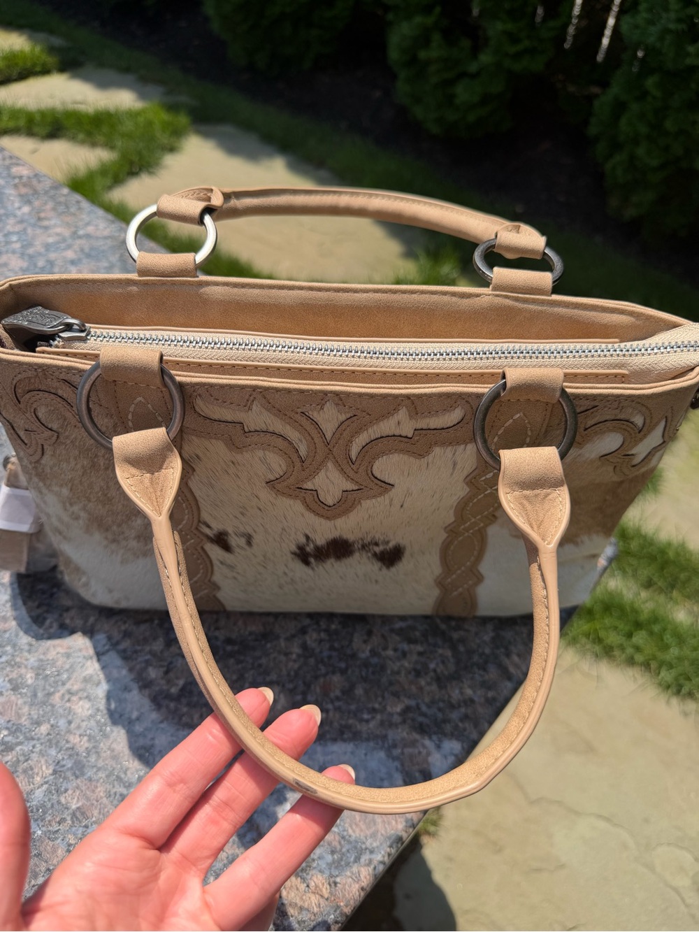 Trinity Ranch Genuine Hair-On Cowhide Collection Concealed Carry Tote - Tan - Picture 10 of 16